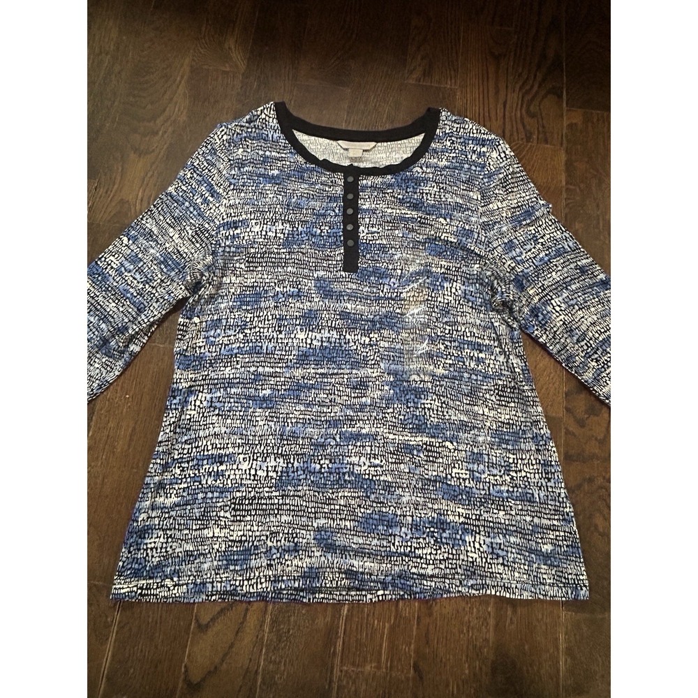 NWT Laura Ashley Top ~ Petite XL ~ 1/4 Button‎ ~ Long Sleeve ~ Blue Marble Print